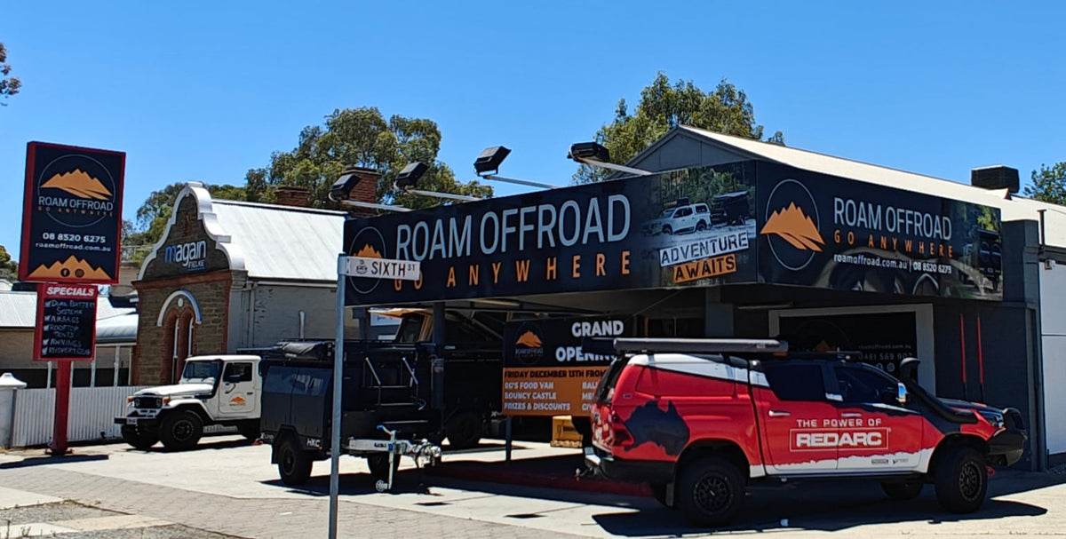 Roam Offroad shopfront in Gawler South with a 4WD and camper trailer out the front
