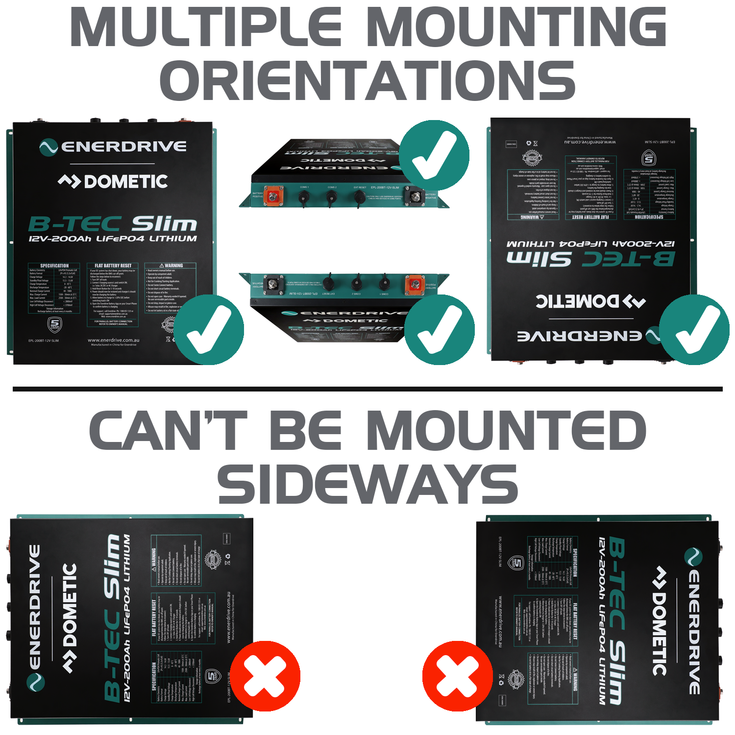 ENERDRIVE B-TEC 200AMP / 12V LIFEPO4 SLIM METAL CASE BATTERY EPL-200BT-12V-SLIM