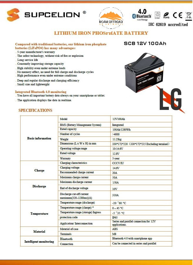 Supcelion 12.8V 100Ah Lithium Battery with Bluetooth