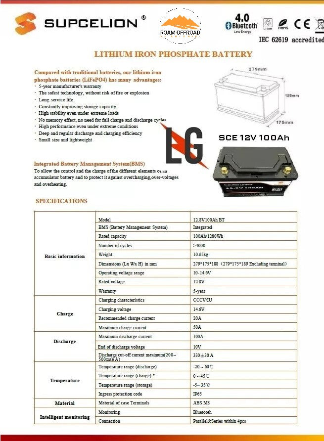 Supcelion 12.8V 100Ah Lithium Battery with Bluetooth