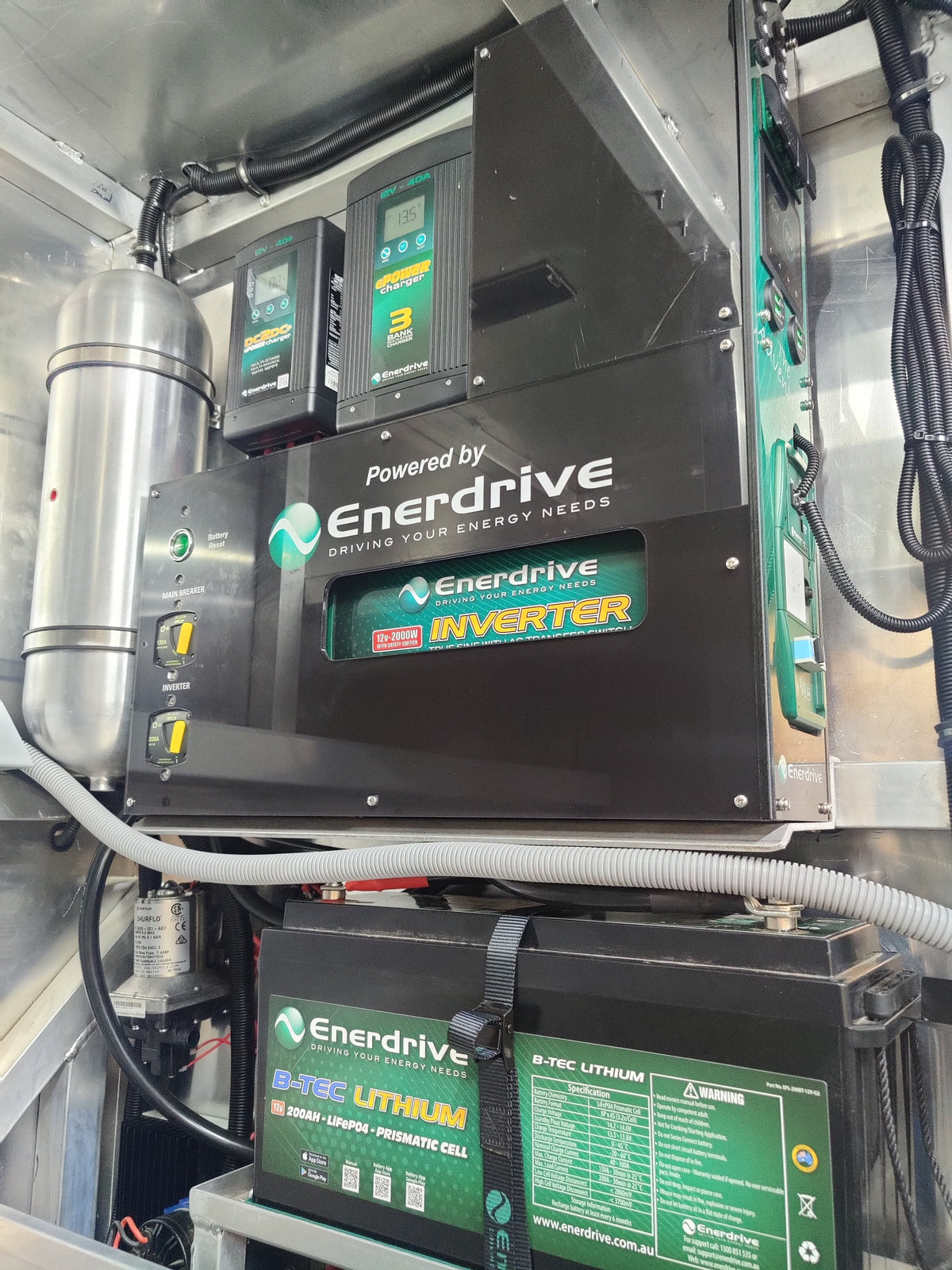Enerdrive lithium battery, inverter and DC-DC charger installed in a ute canopy by Roam Offroad