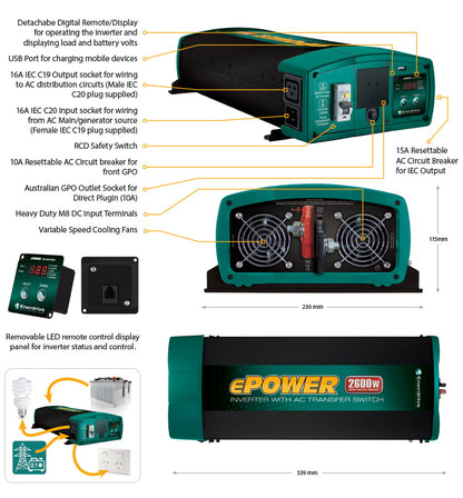 ENERDRIVE EPOWER 2600W/12V W/RCD & AC TFER SWITCH EN1226S-X