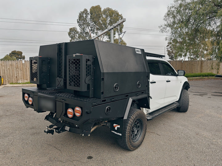 Rear three-quarter view of the D-Max canopy with mesh side boxes