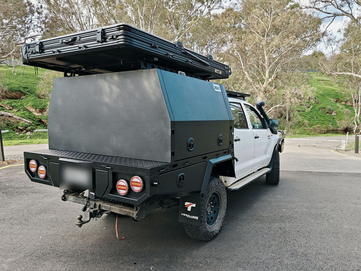 Rear of the Hilux canopy and tray with the rooftop tent on top