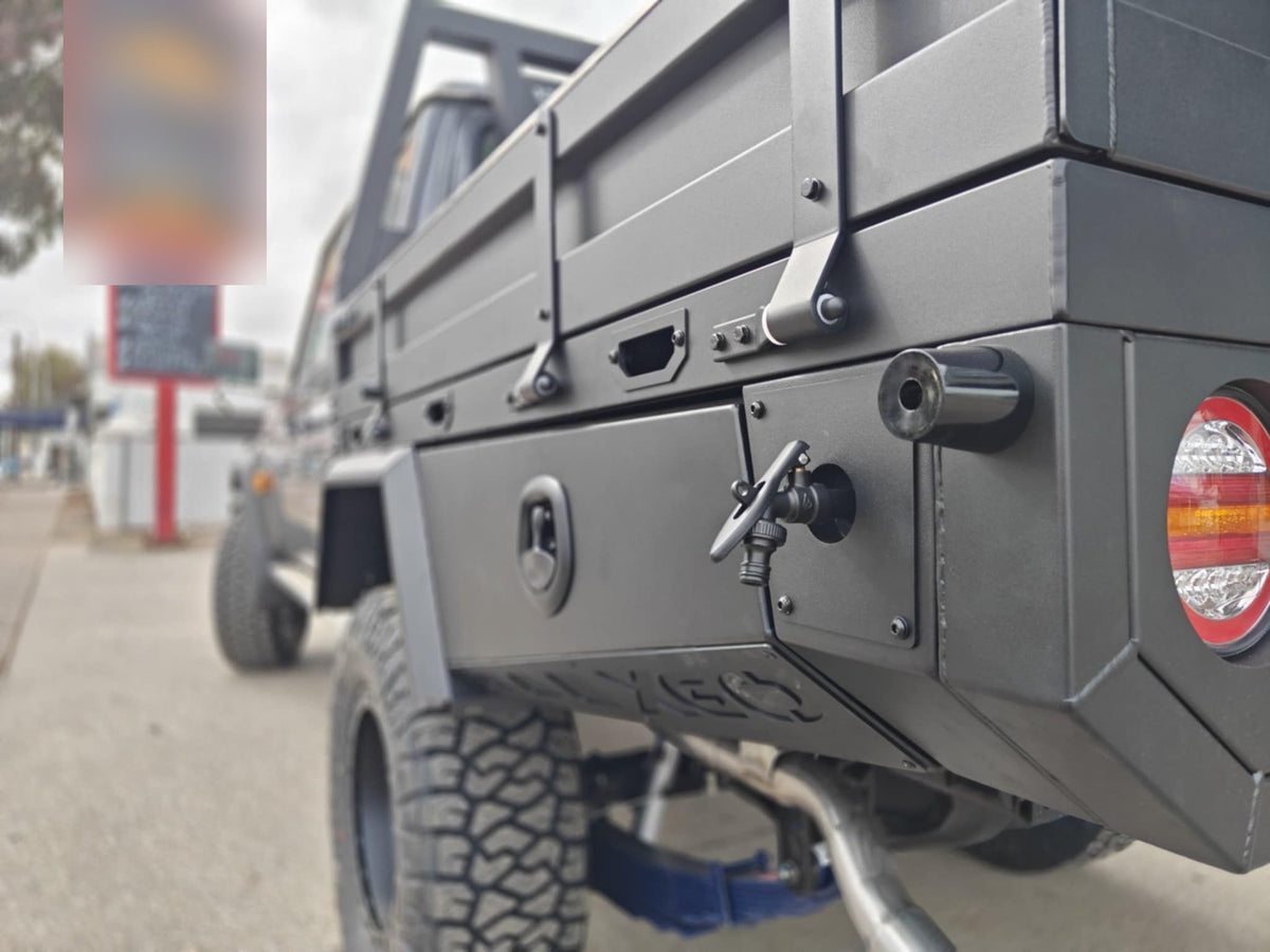 Close-up of an XGO tray toolbox, latch and tail light