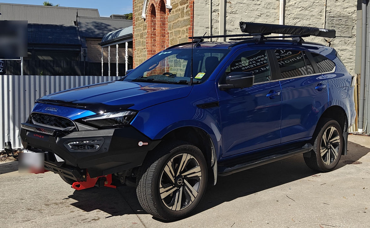 Blue Isuzu MU-X with a Hamer bull bar, red recovery points and a roof rack